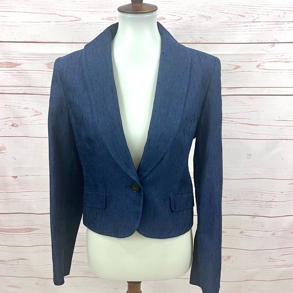 Lafayette 148 New York Wool Blend Navy Blue Textured Jacquard Crop Suit Blazer